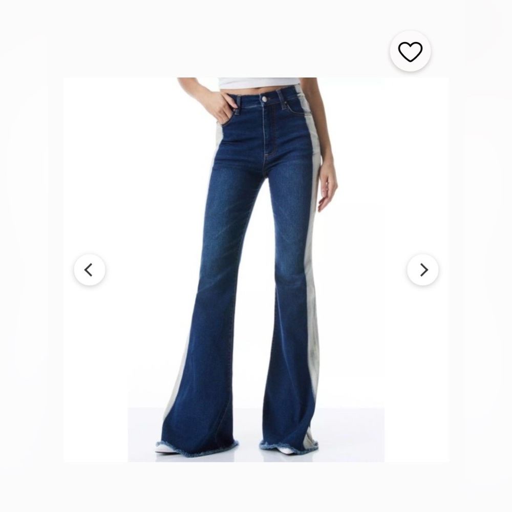 Alice + Olivia Beautiful High Rise Bell Flare Jeans Raw Hem Indigo Stripe 26